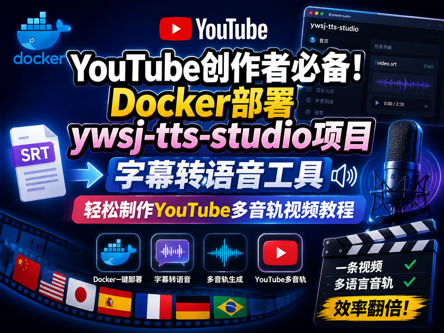 YouTube创作者必备！Docker部署ywsj-tts-studio项目,字幕转语音工具-轻松制作YouTube多音轨视频教程